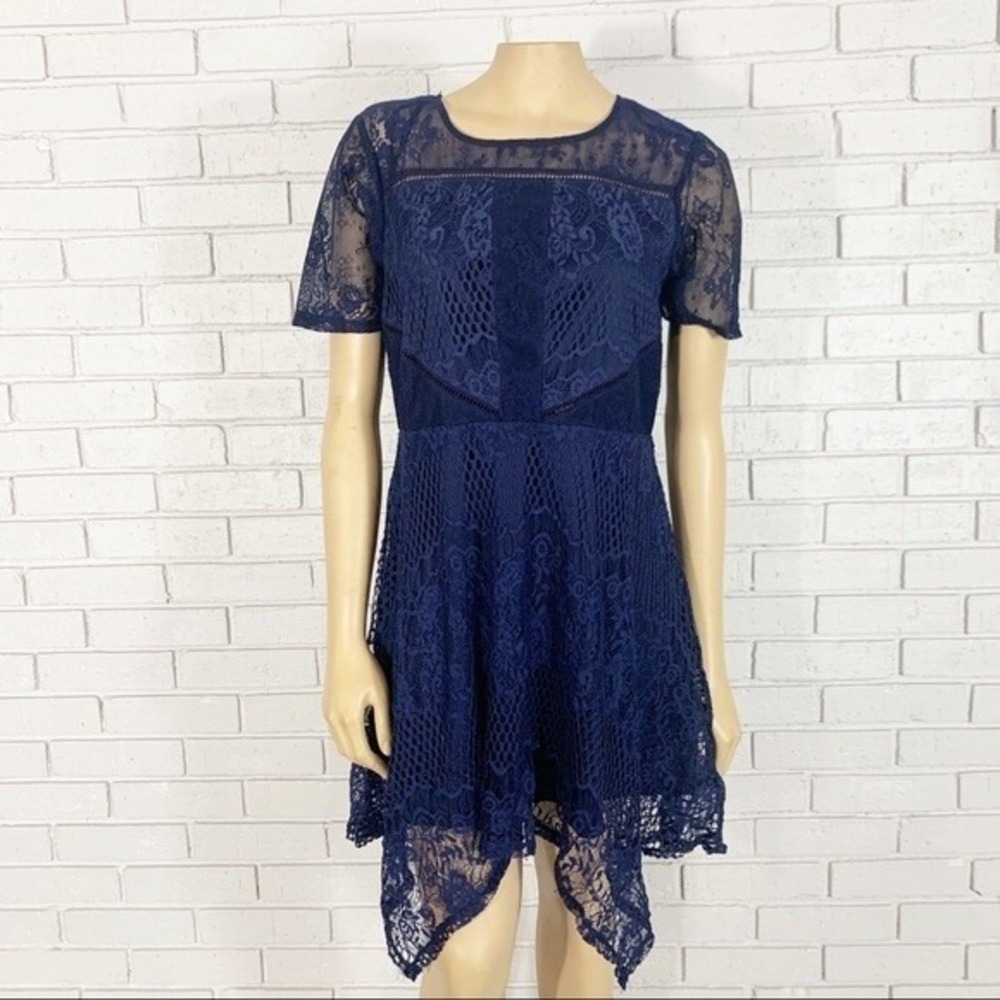 Love Fire Navy Blue Lace Fit and Flare Handkerchief Hem Dress XL Short Sleeve